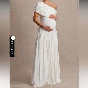 Club L London Noah White Asymmetric-Neck Maternity Maxi Dress With Drop-Waist